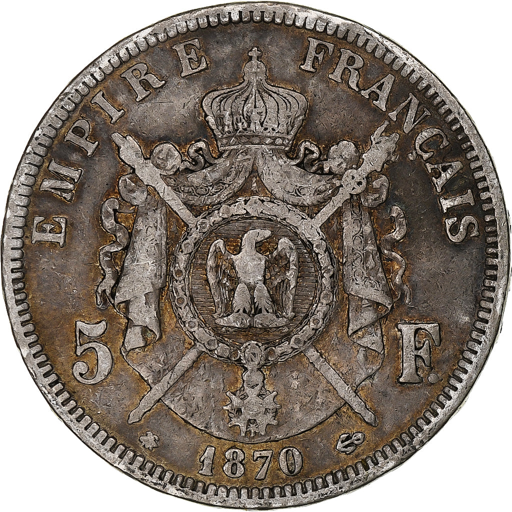 França, Napoleon III, 5 Francs, 1870, Paris, Prata, VF(20-25), Gadoury:739