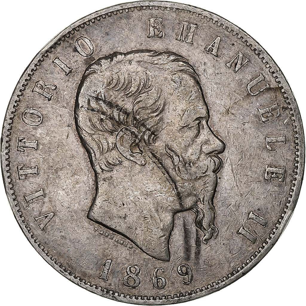 Italia, Vittorio Emanuele II, 5 Lire, 1869, Milan, Argento, MB, KM:8.3