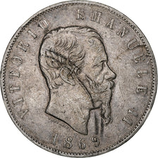 Italia, Vittorio Emanuele II, 5 Lire, 1869, Milan, Argento, MB, KM:8.3
