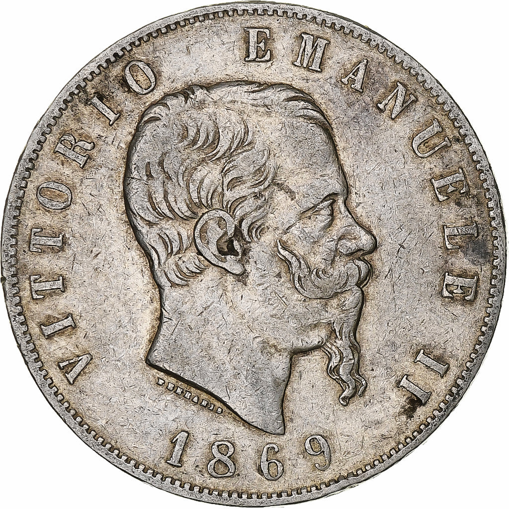 Italie, Vittorio Emanuele II, 5 Lire, 1869, Milan, Argent, TB, KM:8.3