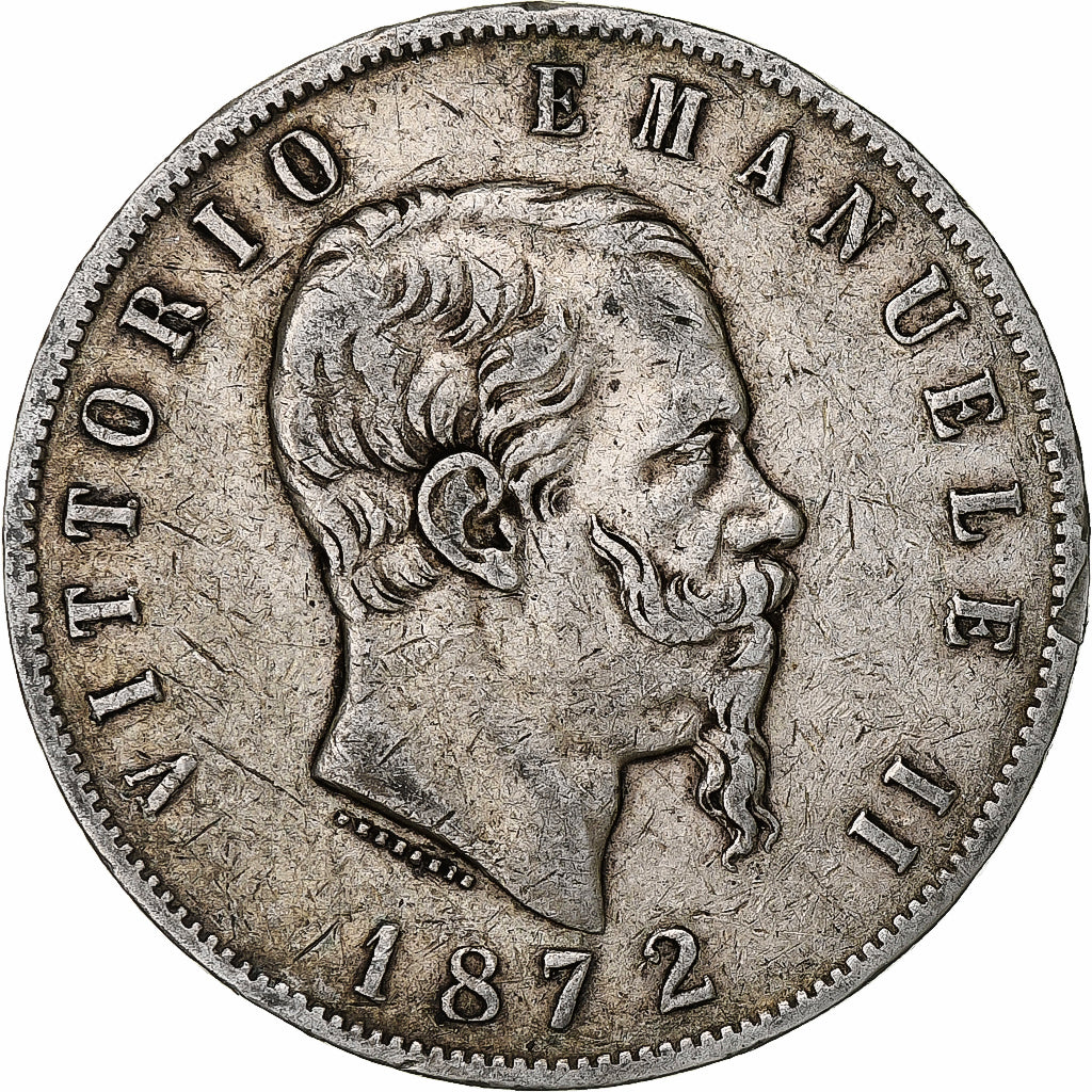 Włochy, Vittorio Emanuele II, 5 Lire, 1872, Milan, Srebro, VF(20-25), KM:8.3