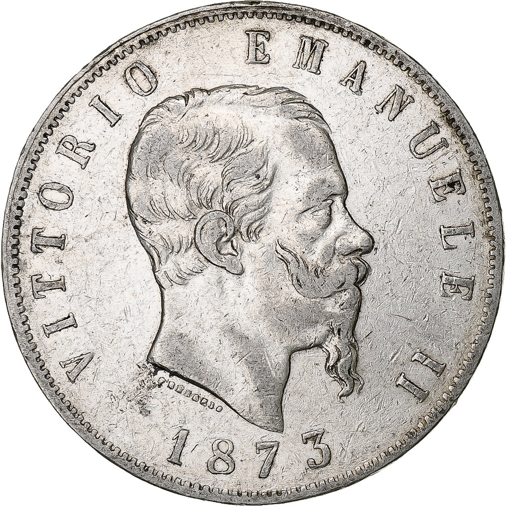 Włochy, Vittorio Emanuele II, 5 Lire, 1873, Milan, Srebro, VF(30-35), KM:8.3