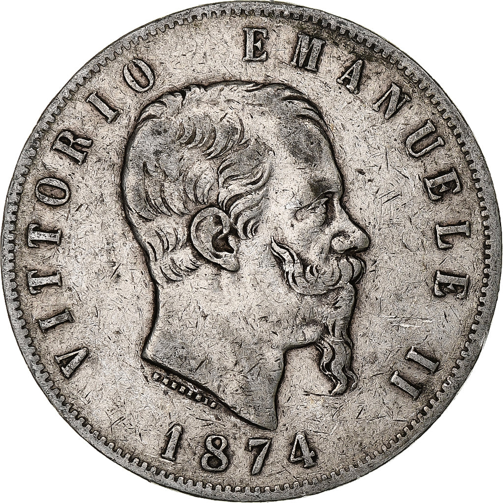 Włochy, Vittorio Emanuele II, 5 Lire, 1874, Milan, Srebro, VF(20-25), KM:8.3