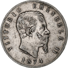 Włochy, Vittorio Emanuele II, 5 Lire, 1874, Milan, Srebro, VF(20-25), KM:8.3