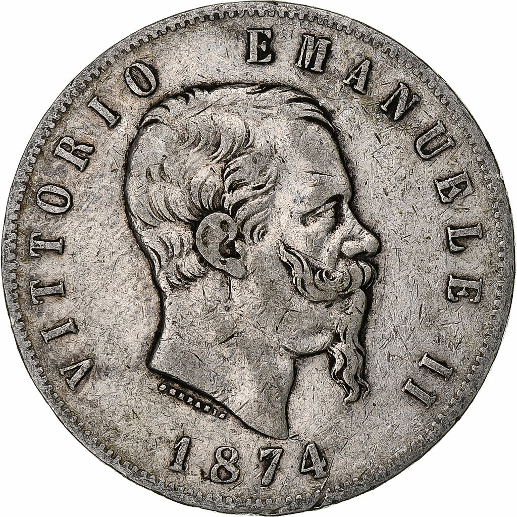 Włochy, Vittorio Emanuele II, 5 Lire, 1874, Milan, Srebro, VF(20-25), KM:8.3