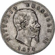 Włochy, Vittorio Emanuele II, 5 Lire, 1874, Milan, Srebro, VF(20-25), KM:8.3