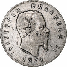 Italie, Vittorio Emanuele II, 5 Lire, 1874, Milan, Argent, TB, KM:8.3