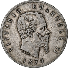 Italie, Vittorio Emanuele II, 5 Lire, 1874, Milan, Argent, TB, KM:8.3