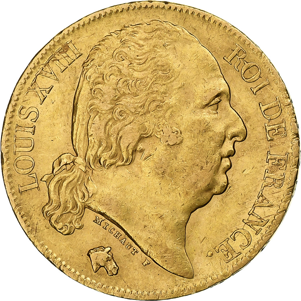 Francia, Louis XVIII, 20 Francs, 1820, Paris, Oro, BB+, Gadoury:1028, KM:712.1