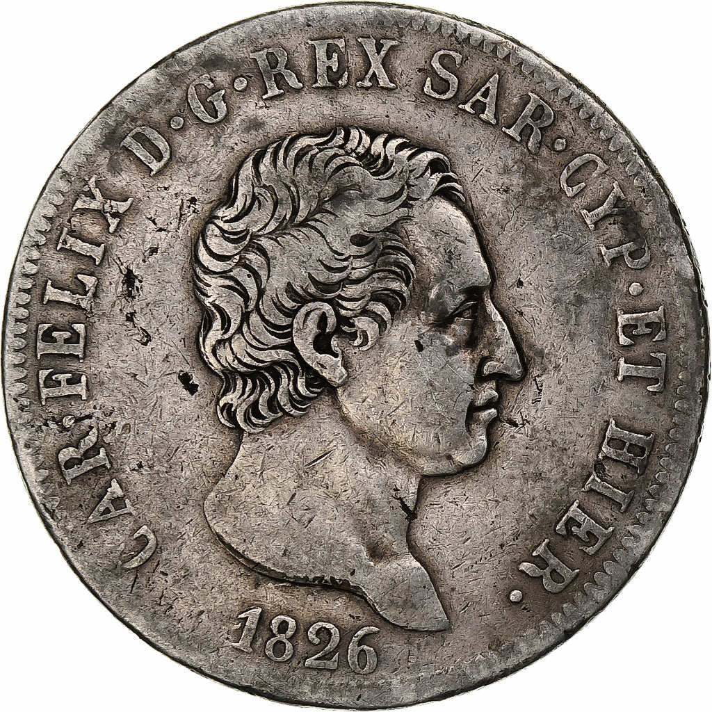 STATI ITALIANI, SARDINIA, Carlo Felice, 5 Lire, 1826, Torino, Argento, MB+