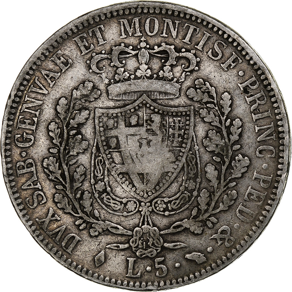 STATI ITALIANI, SARDINIA, Carlo Felice, 5 Lire, 1826, Torino, Argento, MB+