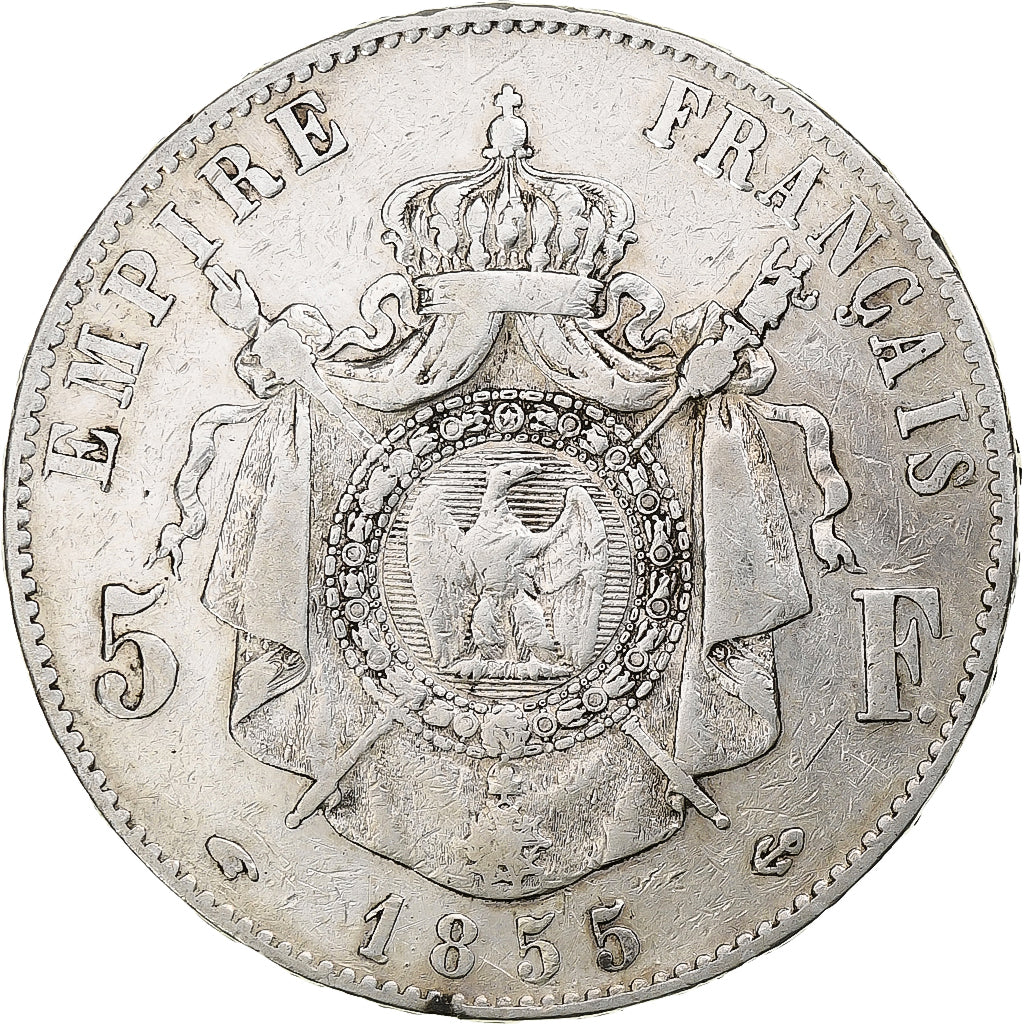 França, 5 Francs, Napoléon III, 1855, Paris, Prata, VF(20-25), Gadoury:734