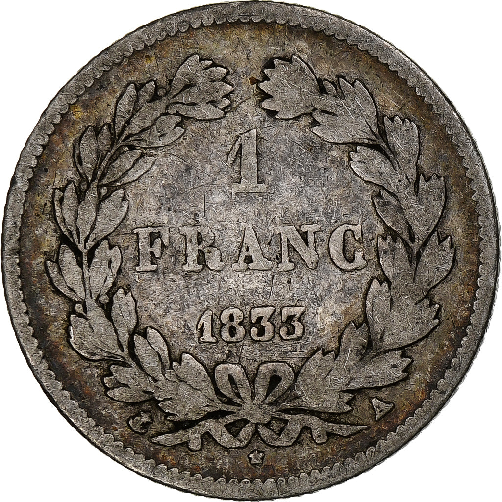 França, Franc, Louis-Philippe, 1833, Paris, Prata, F(12-15), Gadoury:453