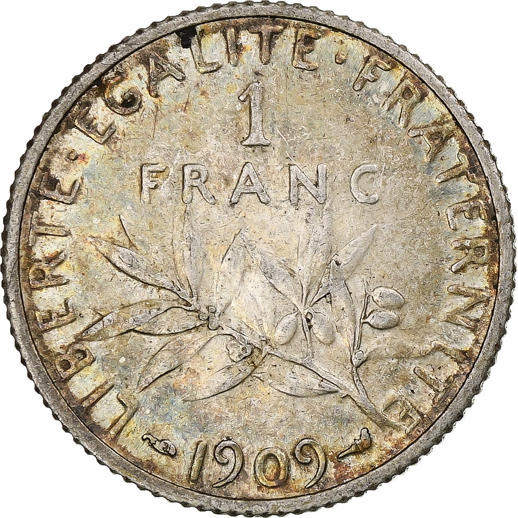 França, Franc, Semeuse, 1909, Paris, Prata, AU(50-53), Gadoury:467, KM:844.1
