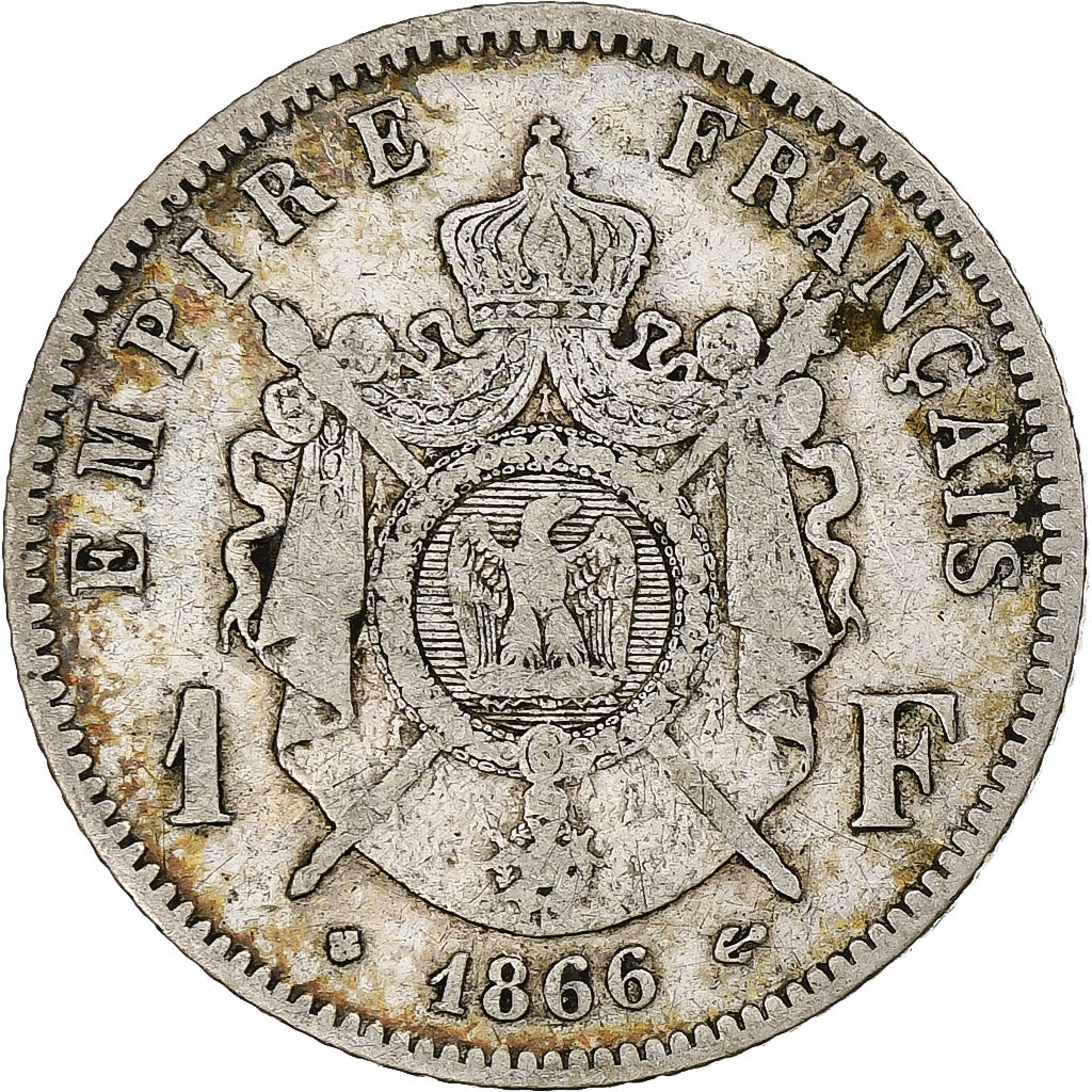 Francia, Napoleon III, Franc, 1866, Strasbourg, Plata, BC+, Gadoury:463