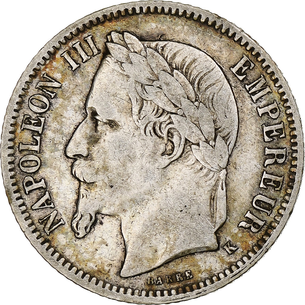 França, Franc, Napoléon III, 1867, Bordeaux, Prata, VF(30-35), Gadoury:463