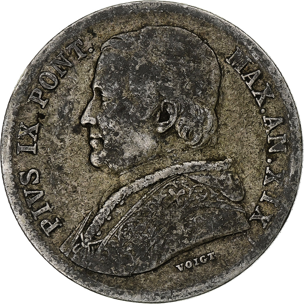 ESTADOS ITALIANOS, PAPAL STATES, Pius IX, 20 Baiocchi, 1865, Rome, Prata