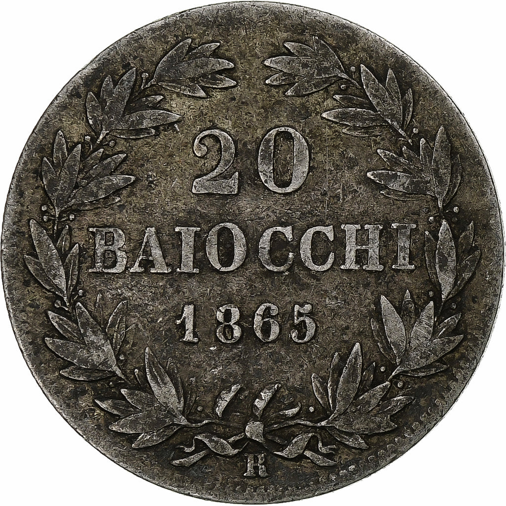 ESTADOS ITALIANOS, PAPAL STATES, Pius IX, 20 Baiocchi, 1865, Rome, Prata