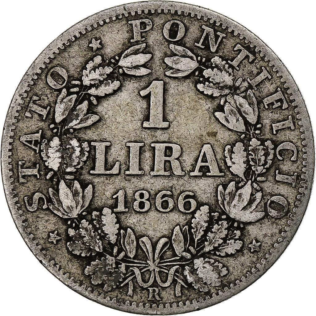 Estados italianos, PAPAL STATES, Pius IX, Lira, 1866, Rome, Plata, BC+