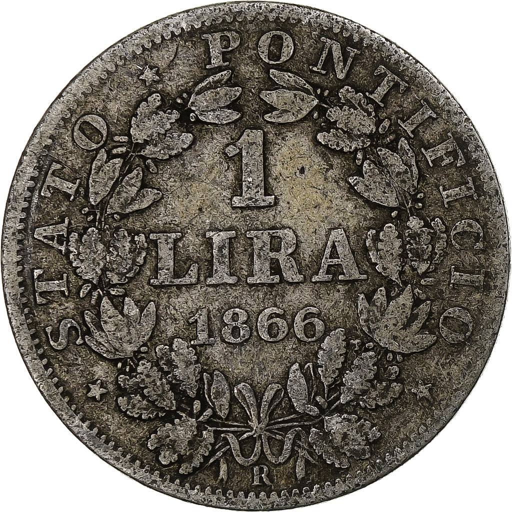 ITALIAN STATES, PAPAL STATES, Pius IX, Lira, 1866, Rome, Silver, VF(20-25)
