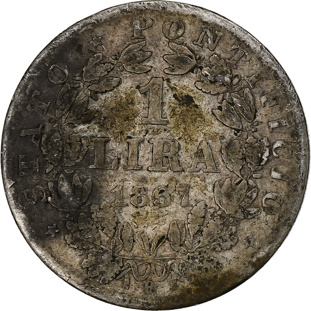 Estados italianos, PAPAL STATES, Pius IX, Lira, 1867, Rome, Plata, BC, KM:1378