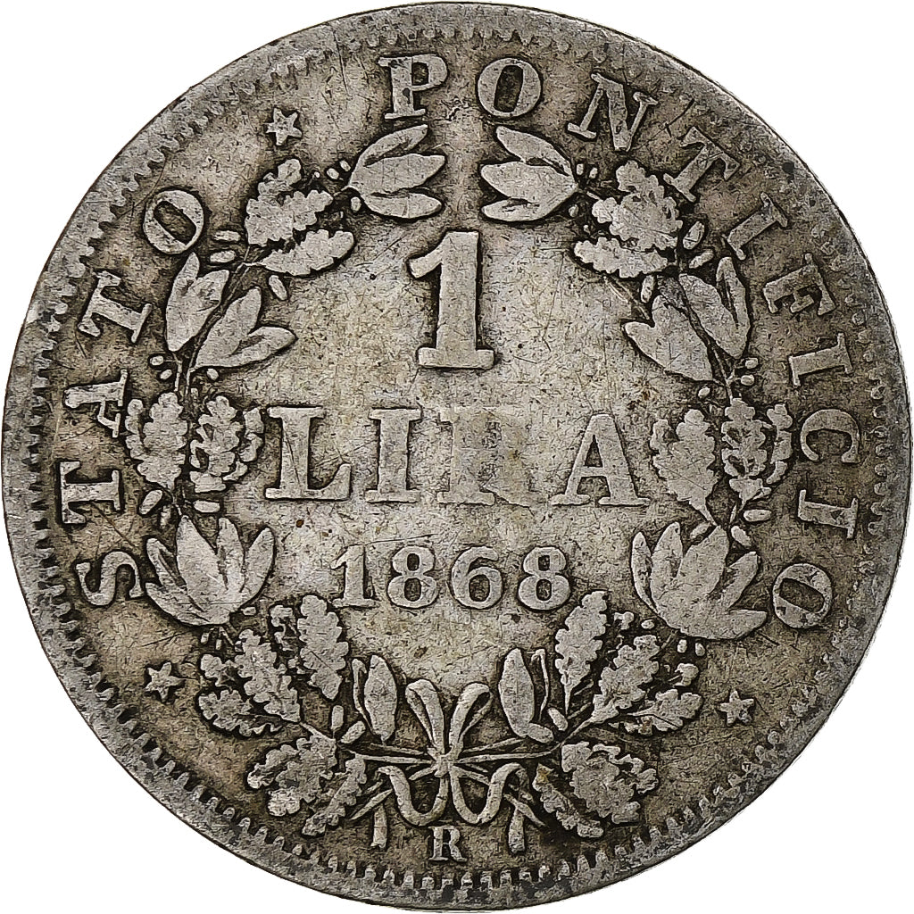ITALIAN STATES, PAPAL STATES, Pius IX, Lira, 1868, Rome, Silver, VF(20-25)