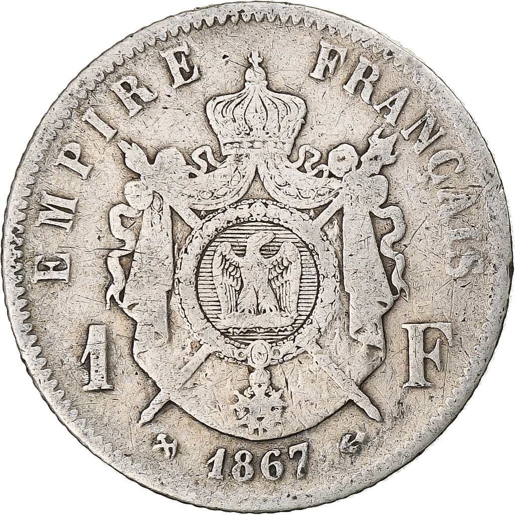 France, Napoleon III, Franc, 1867, Bordeaux, Silver, VF(20-25), Gadoury:463