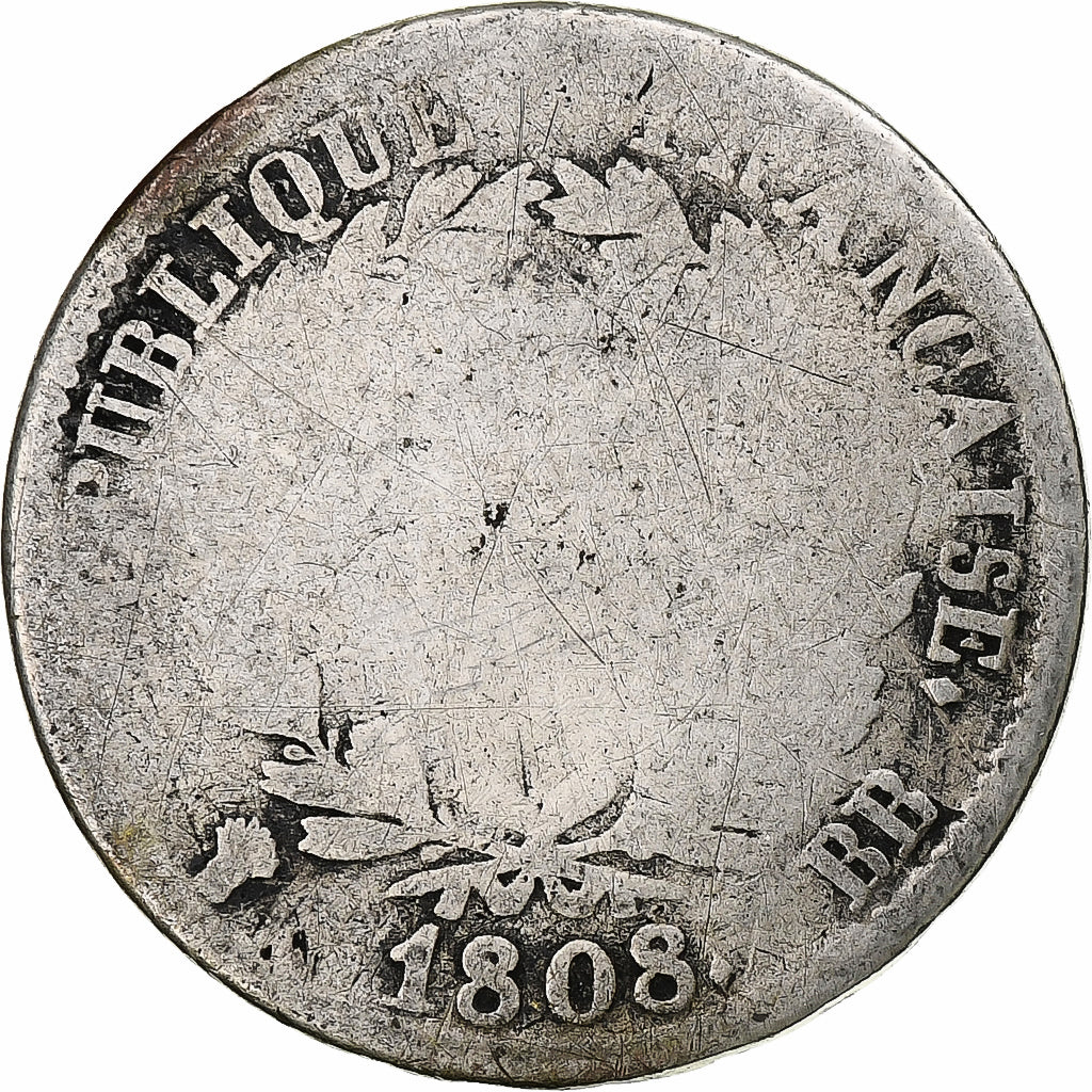 França, Franc, Napoléon I, 1808, Strasbourg, Prata, G(4-6), Gadoury:446