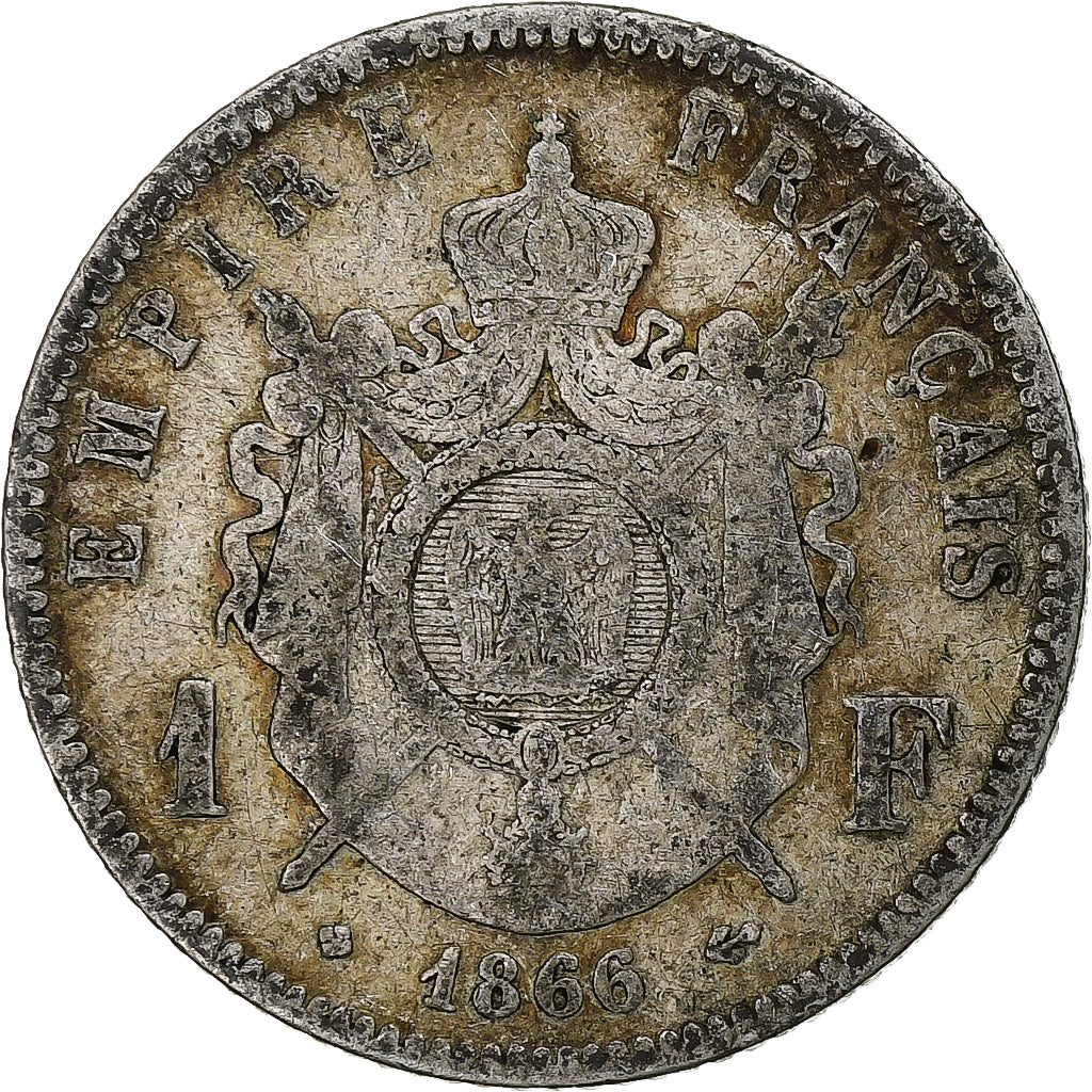 França, Napoleon III, Franc, 1866, Strasbourg, Prata, F(12-15), Gadoury:463
