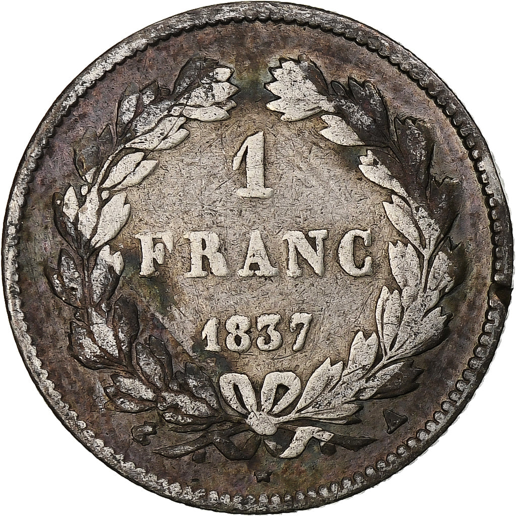 França, Franc, Louis-Philippe, 1837, Paris, Prata, VF(20-25), KM:748.1