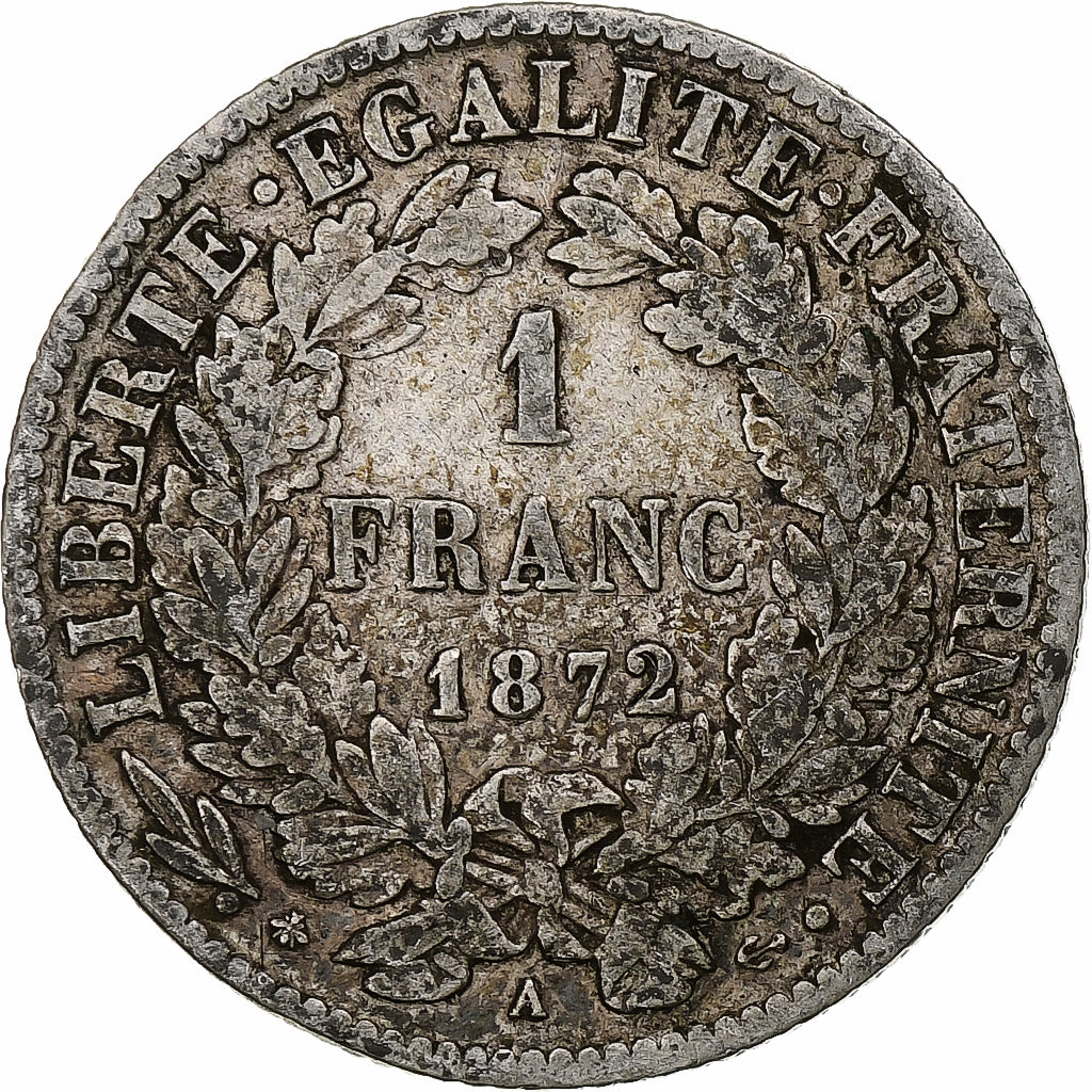 França, Franc, Cérès, 1872, Paris, Prata, VF(20-25), Gadoury:465a, KM:822.1