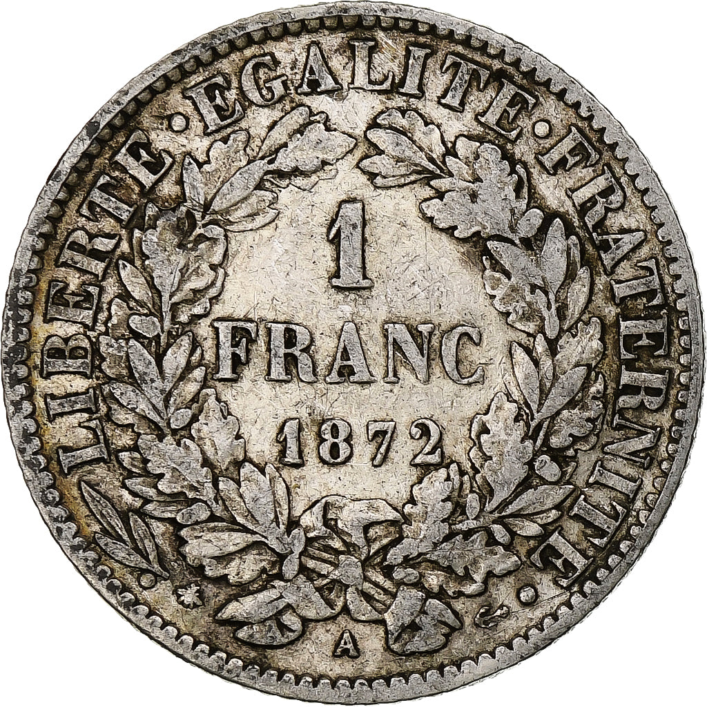 França, Franc, Cérès, 1872, Paris, Prata, VF(30-35), Gadoury:465a, KM:822.1