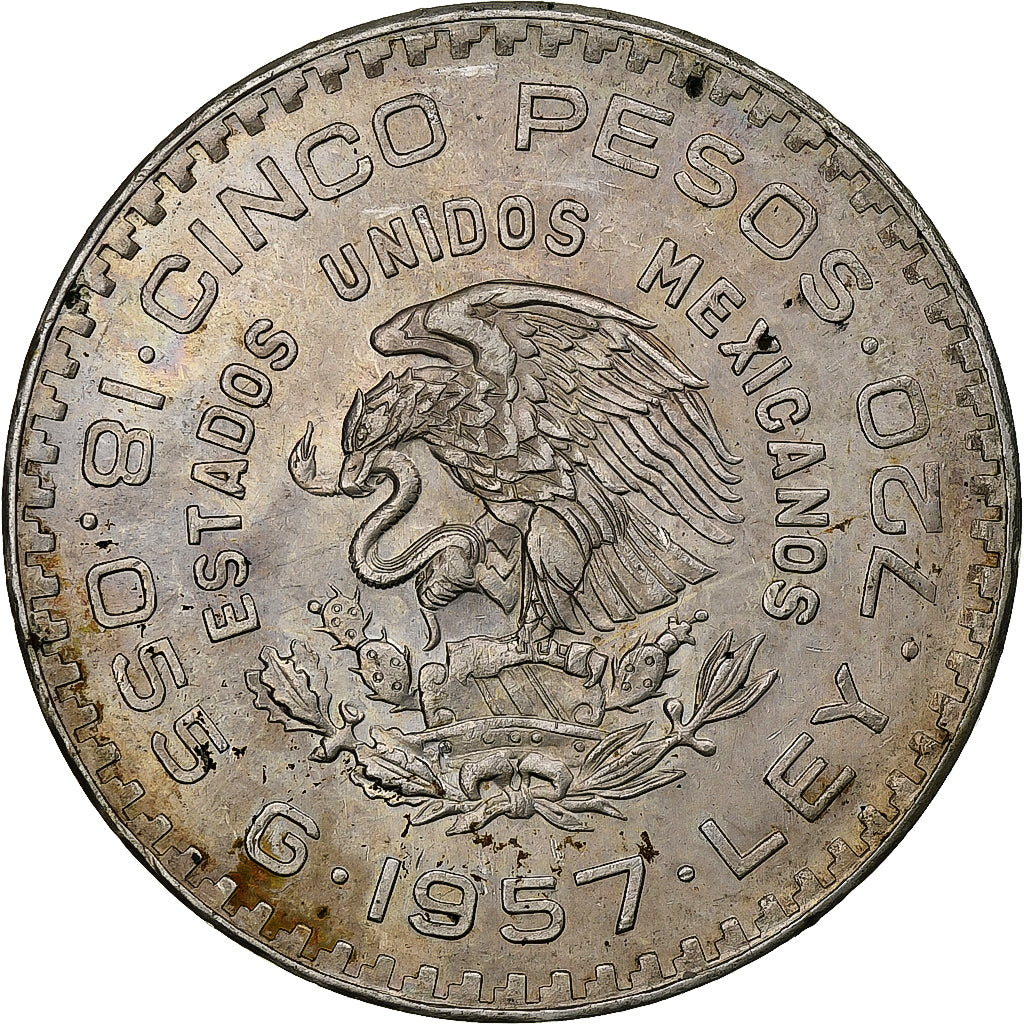 Mexico, 5 Pesos, 1957, Mexico City, Silver, AU(55-58), KM:470