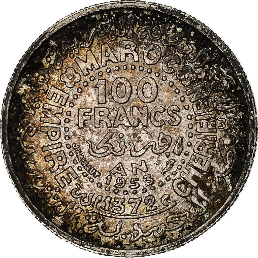 Morocco, Mohammed V, 100 Francs, 1953, Paris, Silver, AU(50-53), KM:52