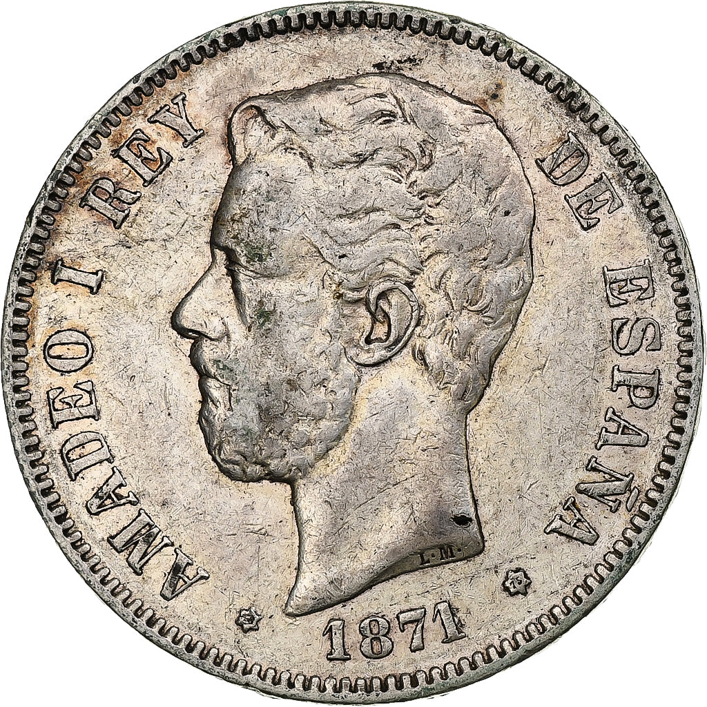 Spain, Amadeao I, 5 Pesetas, 1871 (75), Madrid, Silver, EF(40-45), KM:666