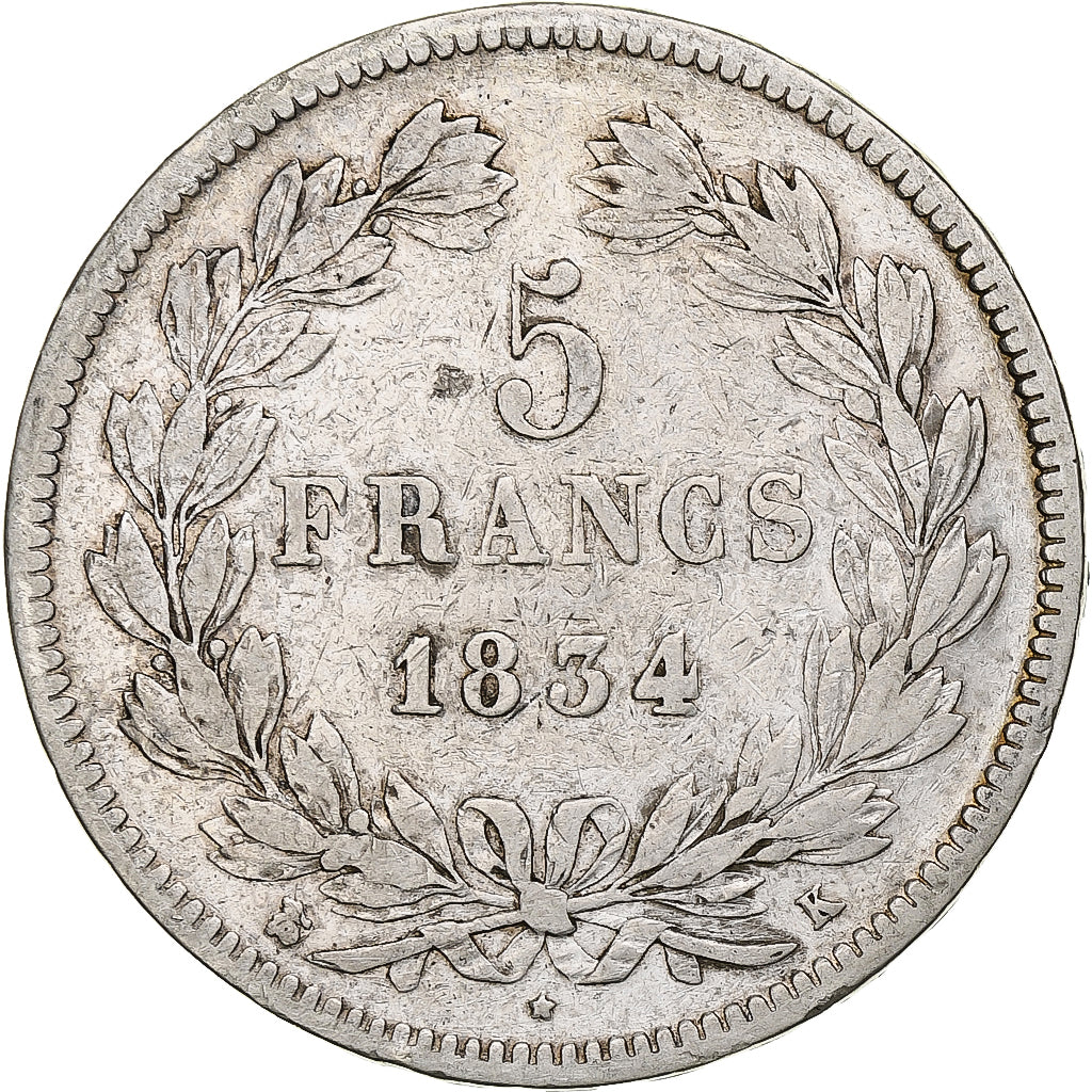 France, 5 Francs, Louis-Philippe, 1834, Bordeaux, Silver, VF(20-25)