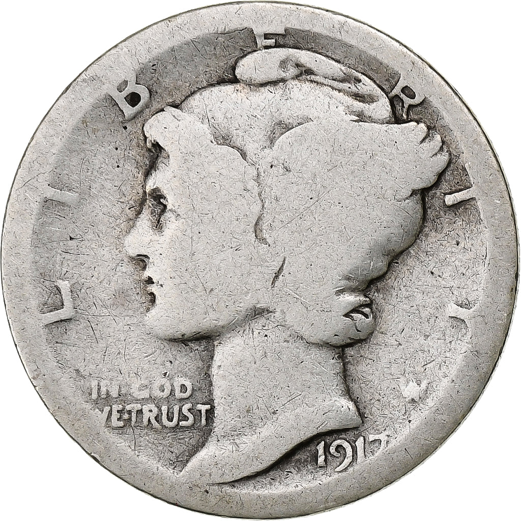 Estados Unidos, Dime, Mercury Dime, 1917, Philadelphia, Plata, BC, KM:140