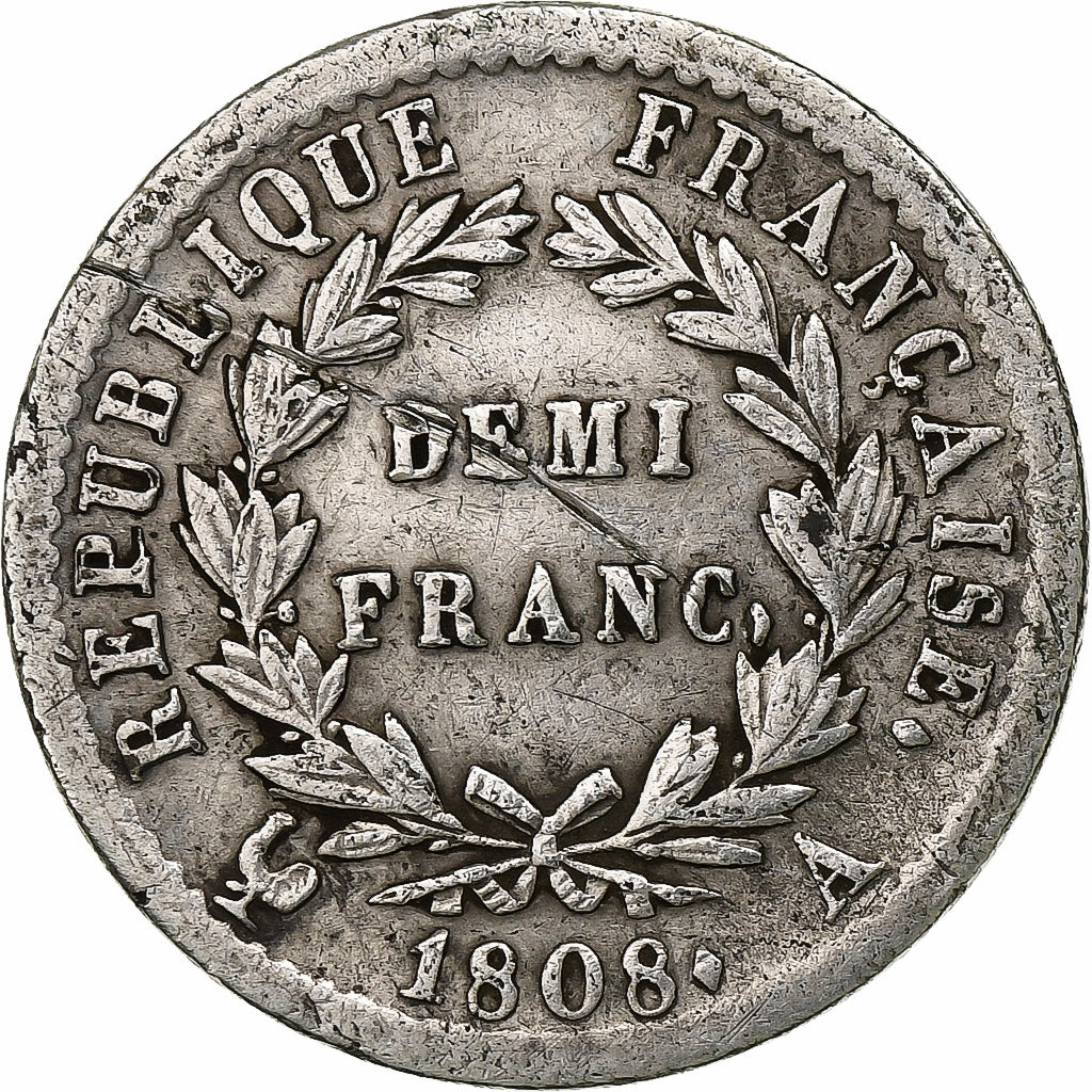 Francia, Napoleon I, 1/2 Franc, 1808, Paris, Argento, BB, KM:680