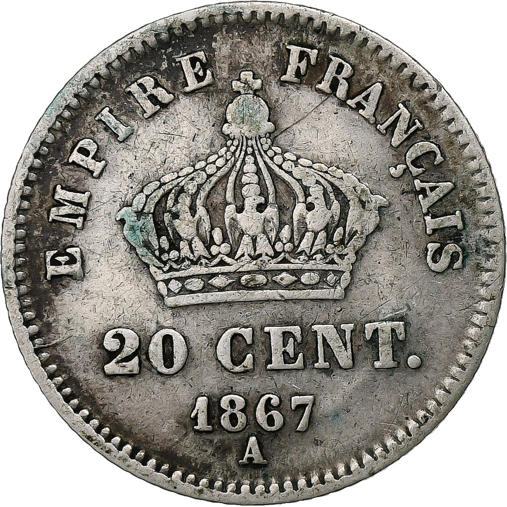 France, Napoleon III, 20 Centimes, 1867, Paris, Silver, EF(40-45), Gadoury:309