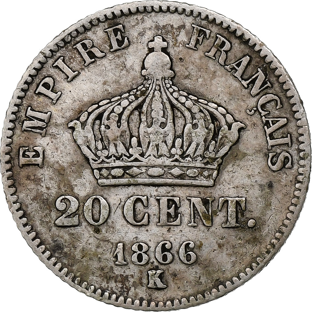 France, Napoleon III, 20 Centimes, 1866, Bordeaux, Silver, EF(40-45)
