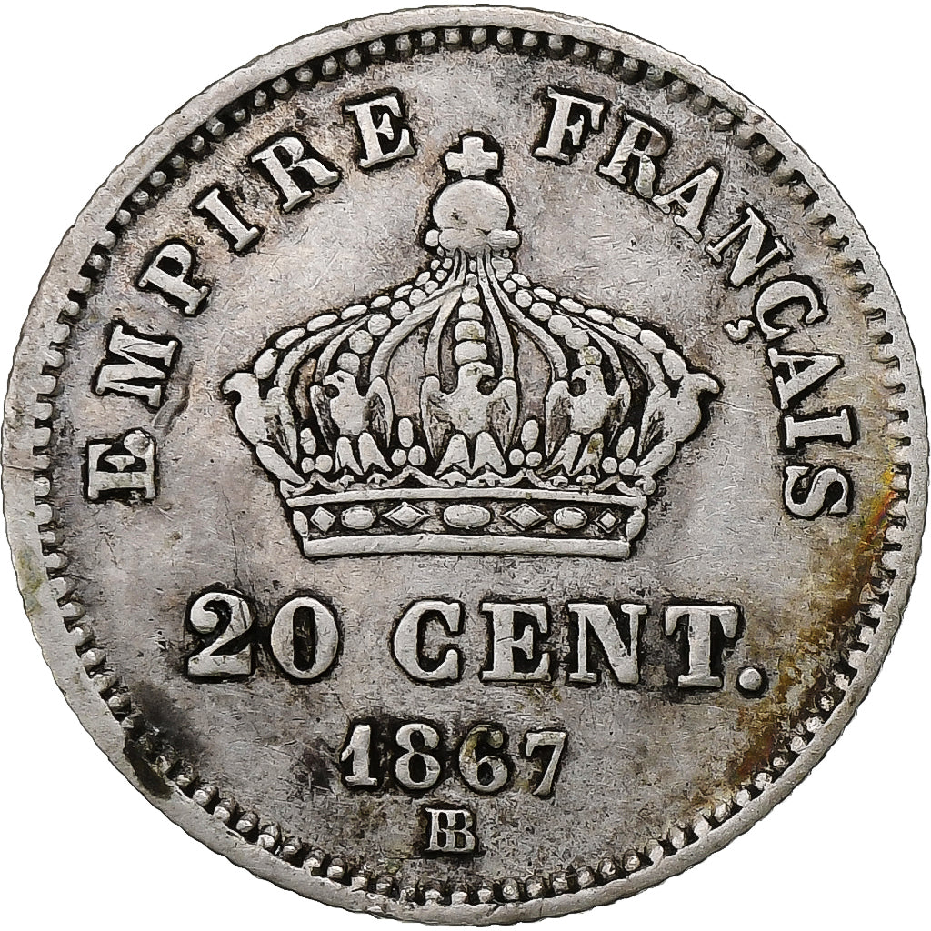 France, Napoleon III, 20 Centimes, 1867, Strasbourg, Silver, VF(20-25)