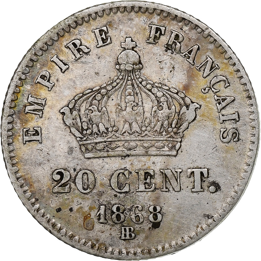 France, Napoleon III, 20 Centimes, 1868, Strasbourg, Silver, AU(50-53)