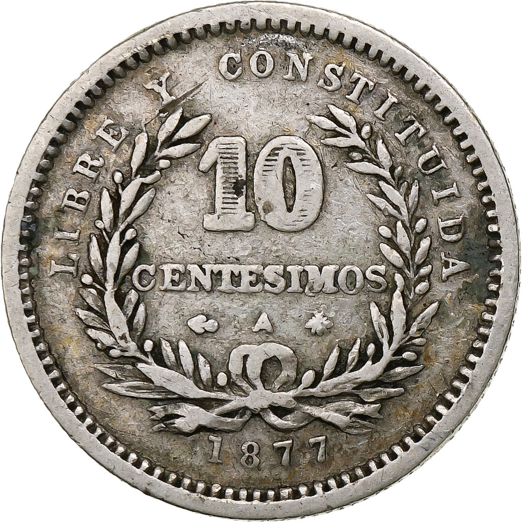 Uruguai, 10 Centesimos, 1877, Uruguay Mint, Prata, VF(30-35), KM:14