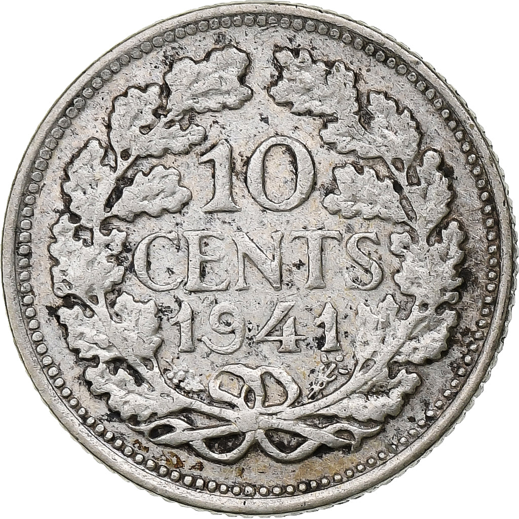 Países Bajos, Wilhelmina I, 10 Cents, 1941, Plata, MBC+, KM:163