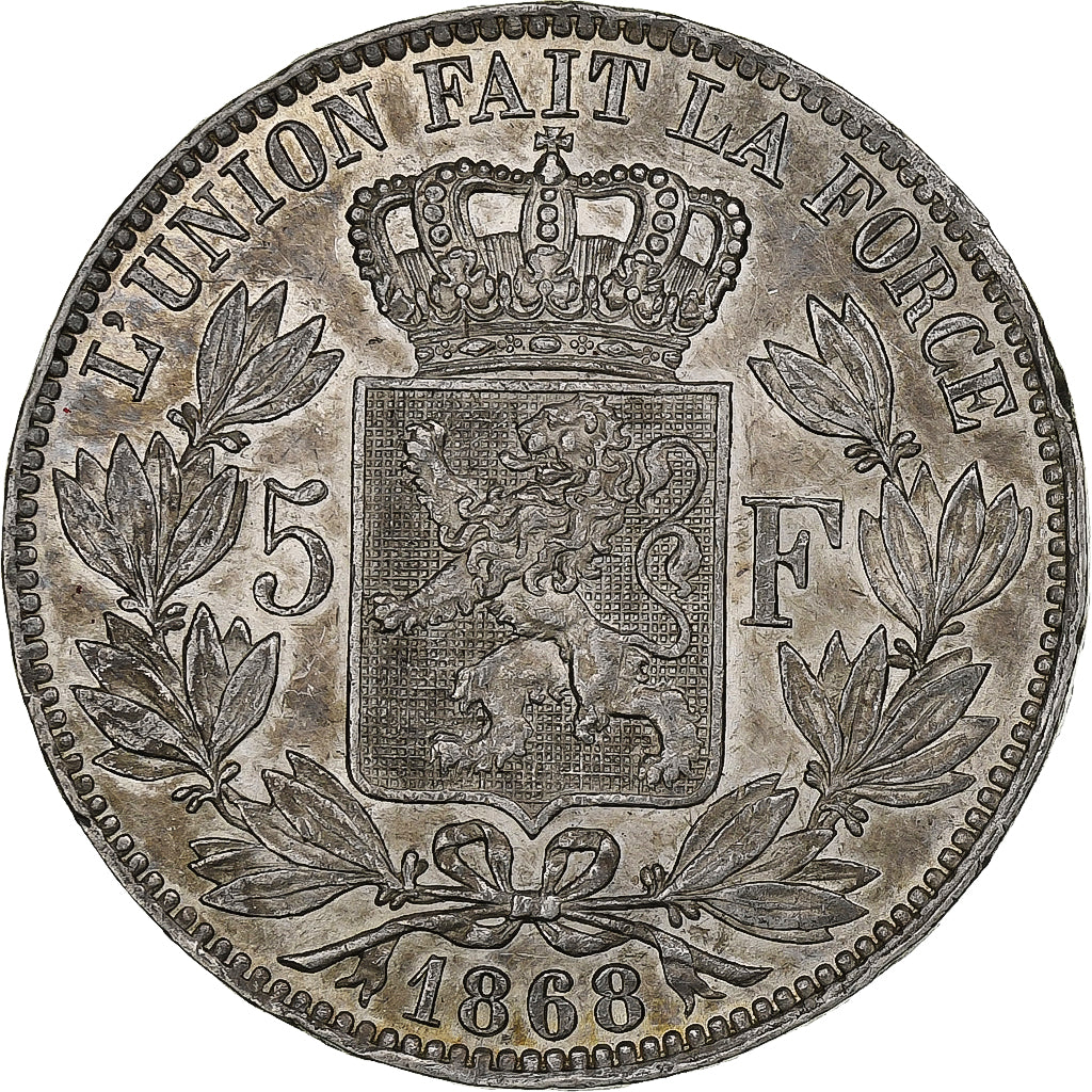 Bélgica, Leopold II, 5 Francs, 5 Frank, 1868, Prata, AU(50-53), KM:24