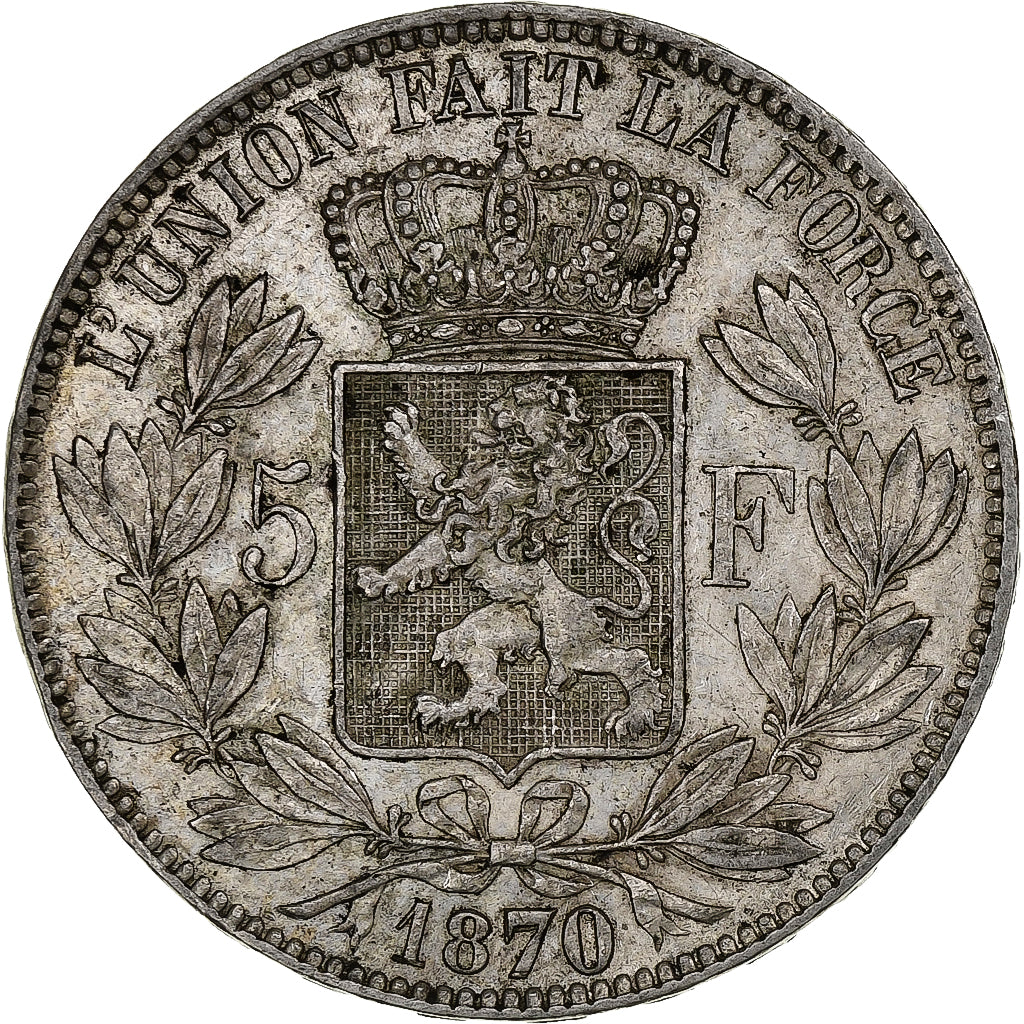 Belgia, Leopold II, 5 Francs, 5 Frank, 1870, Srebro, EF(40-45), KM:24