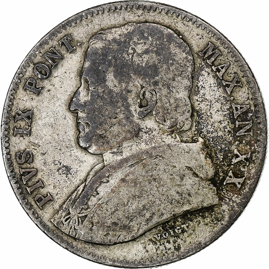 ITALIAN STATES, PAPAL STATES, Pius IX, 20 Baiocchi, 1865, Rome, Silver