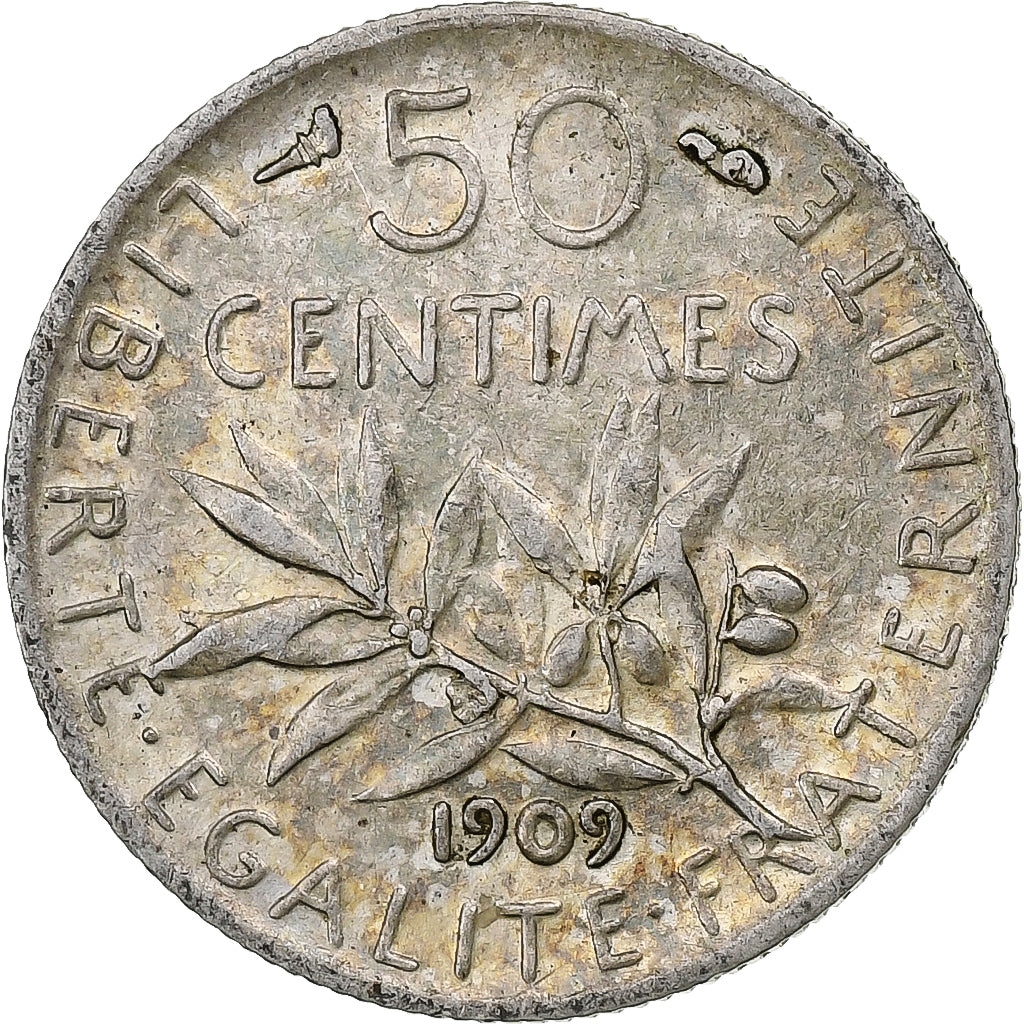 Francia, 50 Centimes, Semeuse, 1909, Paris, Plata, MBC+, Gadoury:420, KM:854