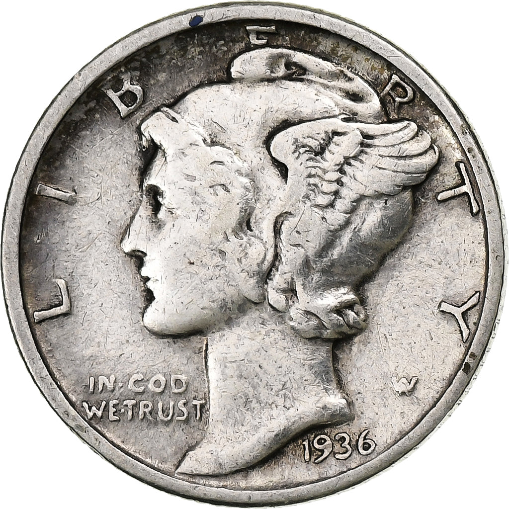 Estados Unidos, Dime, Mercury, 1936, Philadelphia, Plata, BC+