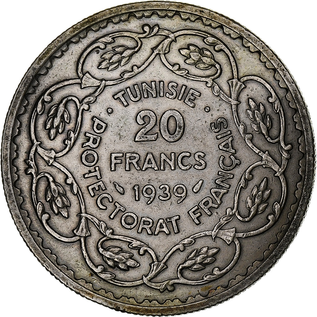 Tunísia, Ahmad Pasha Bey, 20 Francs, 1939, Paris, Prata, AU(50-53)